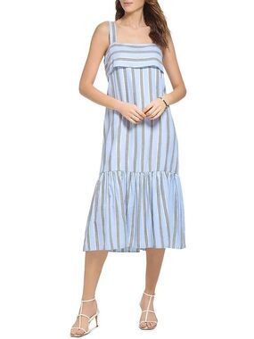 DKNY Light Blue Striped Sleeveless Midi Dress